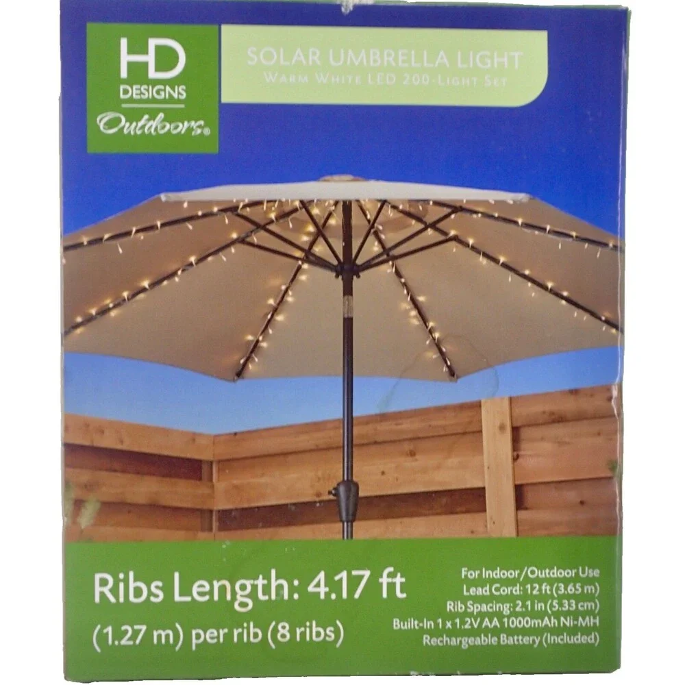 Solar Patio Umbrella String Rib Lights Garden Outdoor Length 4.17 ft Canopy New